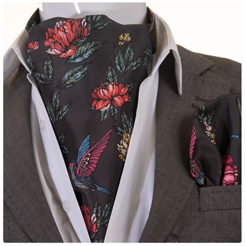 Colorful Bird & Flower Printed Black Ascot Hanky Set