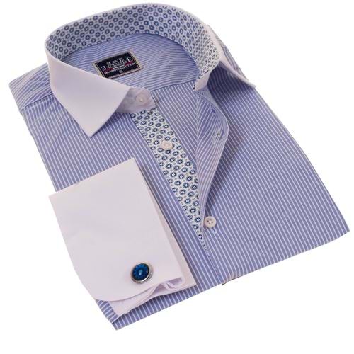 Blue White Striped Contrast Placket French Cuff Shirt