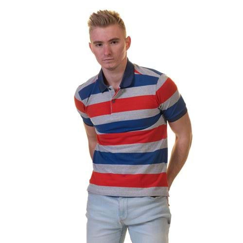 Gray Red Navy Striped Polo Shirt