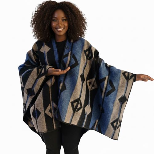 Blue Beige Black Unisex Ethnic Camper Poncho