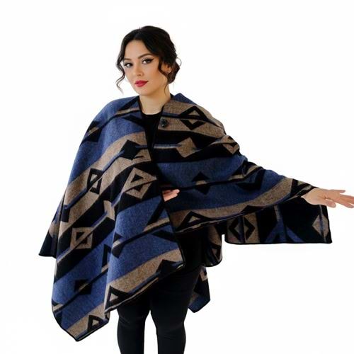Blue Beige Black Unisex Ethnic Camper Poncho