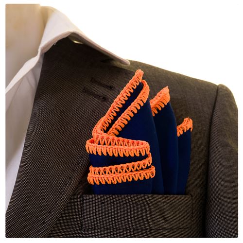 Navy Pure Linen with Orange Signature Border Pocket Square