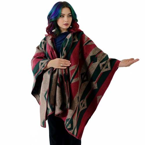 Green Beige Red Hooded Unisex Ethnic Camper Poncho