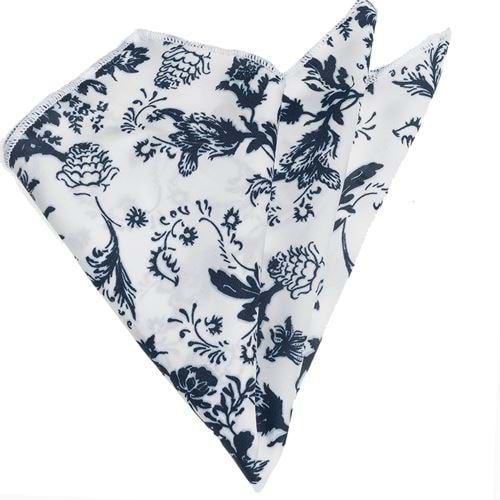 Navy Flowers on White Pocket Square