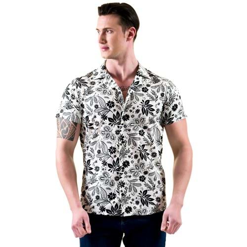 Black Floral on White Men's Camp Collar Short Sleeves Shirt