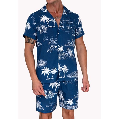 Blue Paml Trees Men's Hawaiian Summer Shirt and Short Set