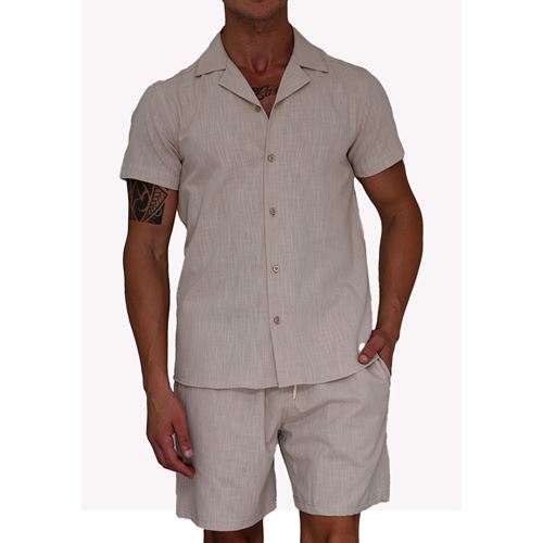 Beige Linen Cotton Men's Hawaiian Summer Shirt and Short Set