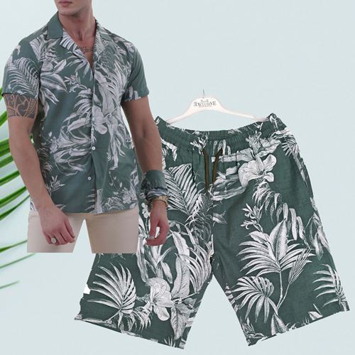 Green Palm Trees Men's Hawaiian Summer Shirt and Short Set