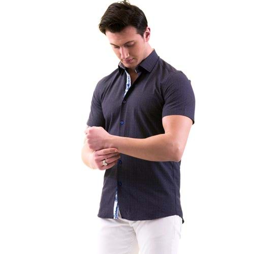 Navy White Printed Contrast Placket Men's Short Sleeves Shirt
