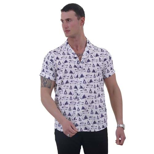 Navy White Happy Camper Nature Printed Men's Hawaiian Summer Shirt