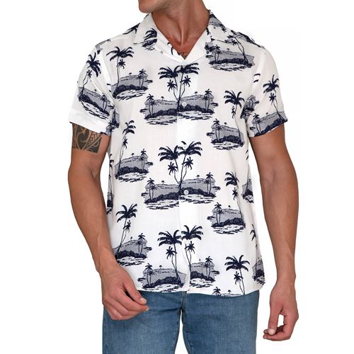 White Navy Hawiian Natural Viscose Camp Collar Men's Hawaiian Summer Shirt