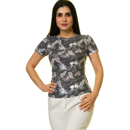 Gray White Floral Women Tee O Neck T-Shirt
