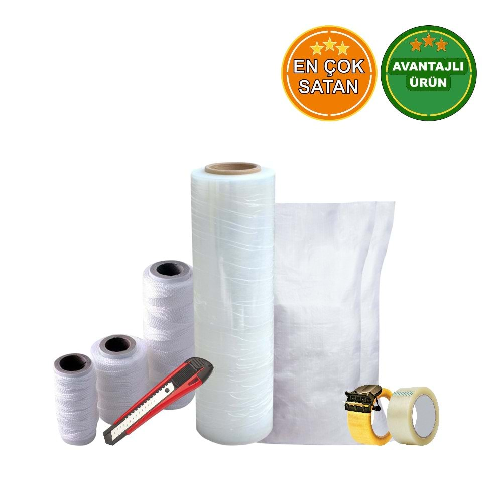 S12 Premium Ambalaj Paketleme Seti - Çuval - 60x90 20li, Çırpı İpi 400gr, Streç 1200gr, Profesyonel maket bıçağı, koli bandı, kesme aparatı