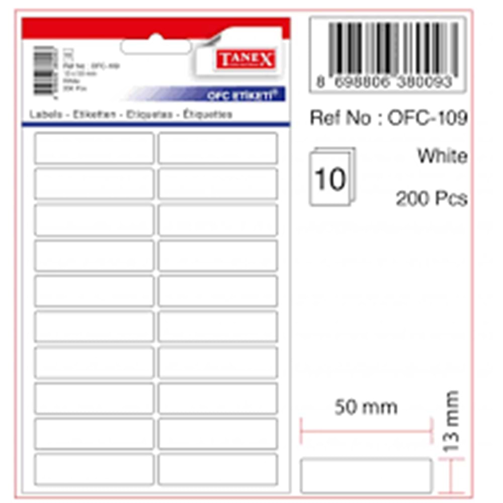 TANEX | STD OFC-109 13*50 MM BEYAZ OFİS ETİKETİ 10 AD.
